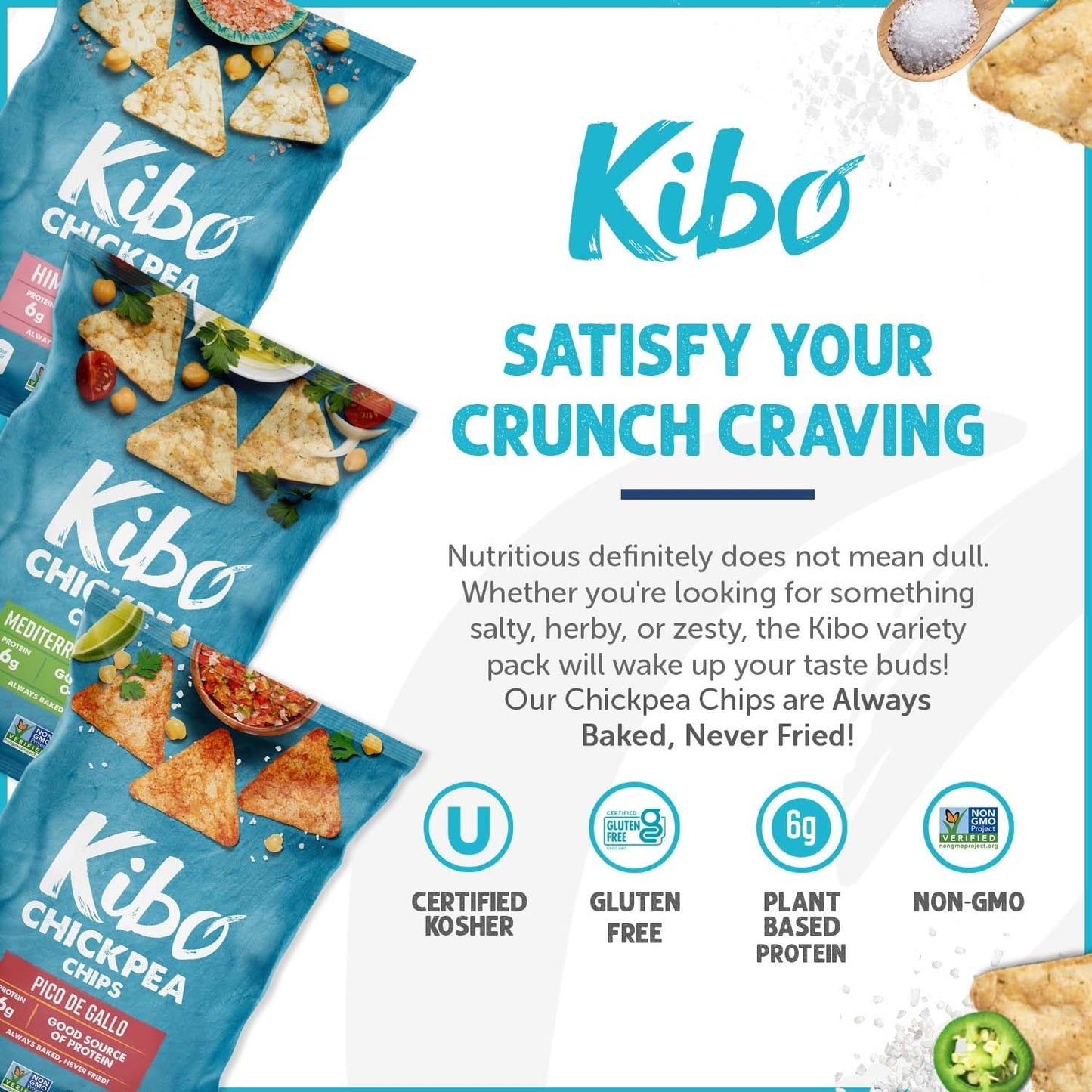 Kibo Chickpea Chips - High Protein/Fiber, Plant-Based, Cert. Gluten Free, Non-Gmo, Vegan, Kosher, 3 Flavor Variety Pack, 1Oz 12 Pk