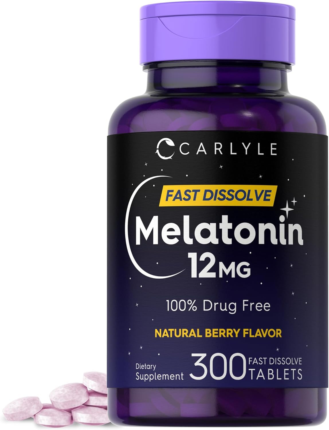 Melatonin 12 Mg Fast Dissolve 300 Tablets | Drug Free | Natural Berry Flavor | Vegetarian, Non-Gmo, Gluten Free