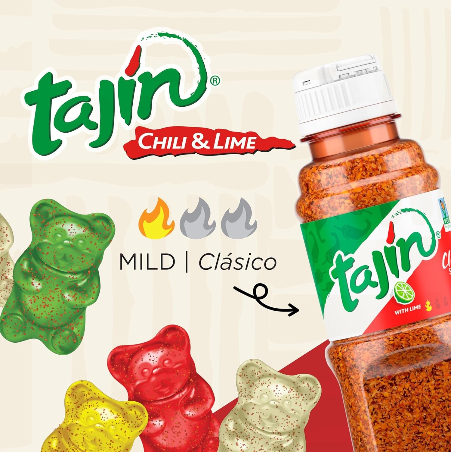 Tajin Gummy Bears, Assorted Fruit Candy Gummies with Chili and Lime Seasoning, Mild, Gluten-Free and Vegan Snacks, 9 Oz Resealable Bag