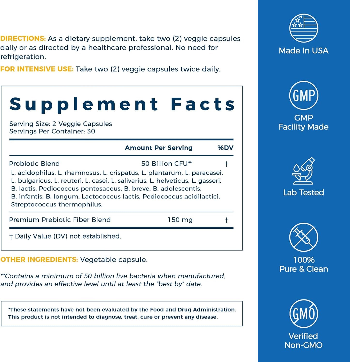 Probiotics 50 Billion CFU 20 Strains, 60 Veggie Capsules, Targeted Release Technology, Stomach Acid Resistant, No Need for Refrigeration, Non-Gmo, Gluten Free