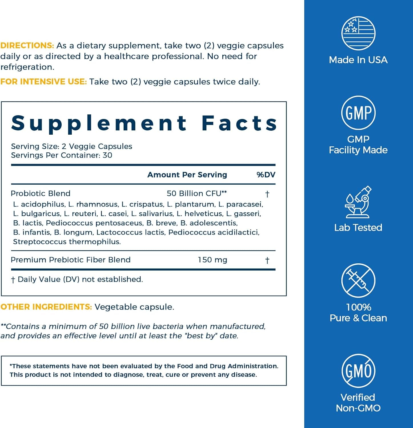 Probiotics 50 Billion CFU 20 Strains, 60 Veggie Capsules, Targeted Release Technology, Stomach Acid Resistant, No Need for Refrigeration, Non-Gmo, Gluten Free