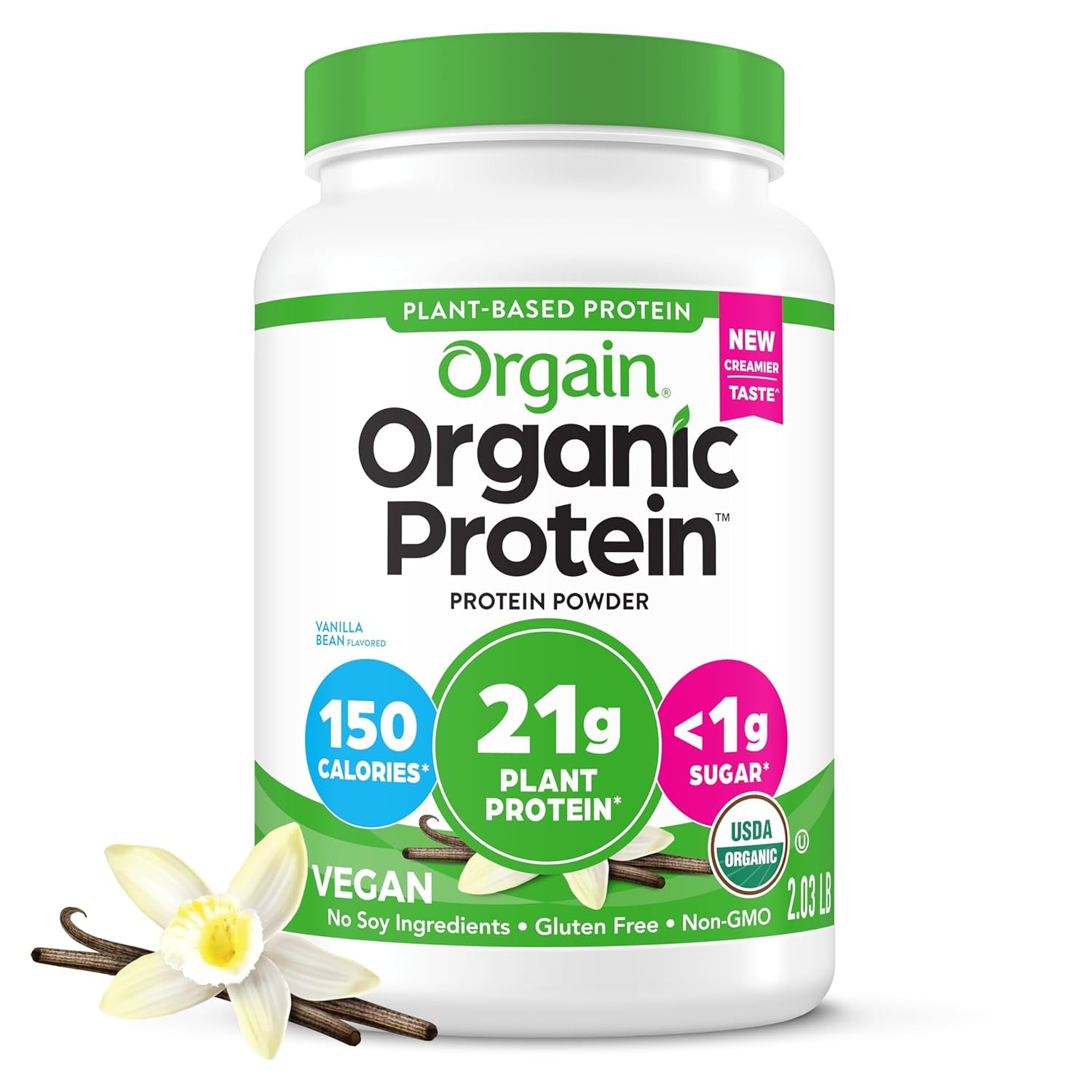 Organic Vegan Protein Powder, Vanilla Bean - 21G Plant Protein, 6G Prebiotic Fiber, No Lactose Ingredients, No Added Sugar, Non-Gmo, for Shakes & Smoothies, 2.03 Lb (Packaging May Vary)