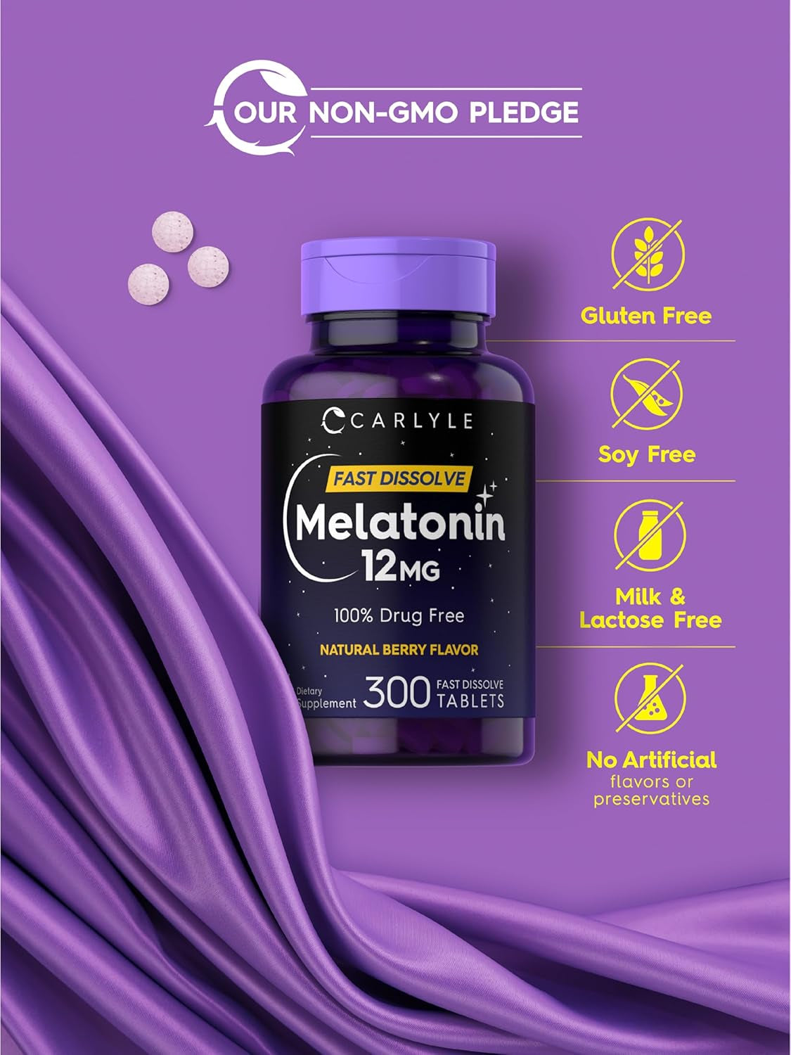 Melatonin 12 Mg Fast Dissolve 300 Tablets | Drug Free | Natural Berry Flavor | Vegetarian, Non-Gmo, Gluten Free