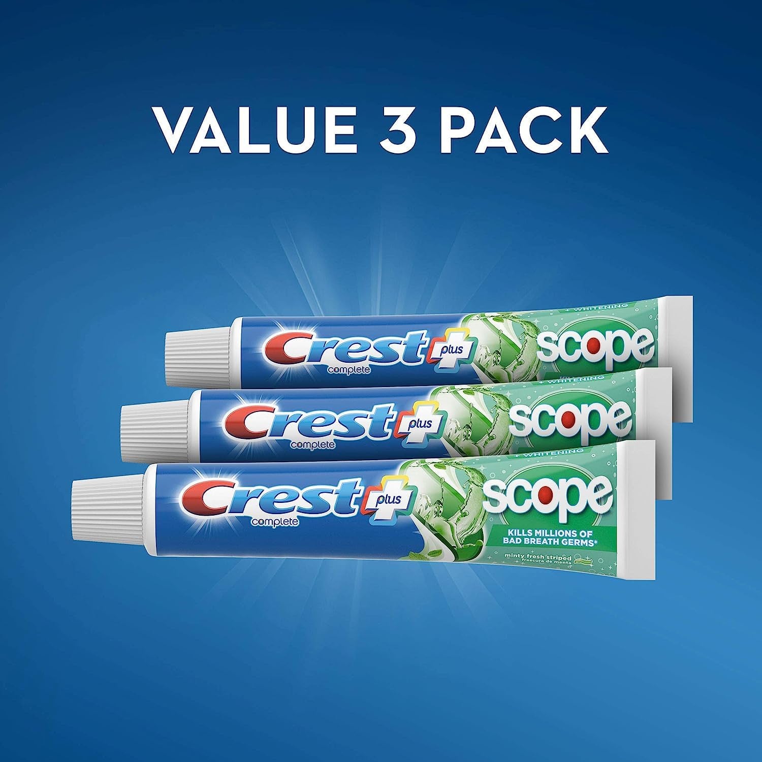 + Scope Whitening Toothpaste - Pack of 3, 5.4 Oz Tubes - Anticavity Fluoride Toothpaste, Fresh Breath, Kills Germs - Tartar Protection, Enamel Protection - Minty Fresh Flavor