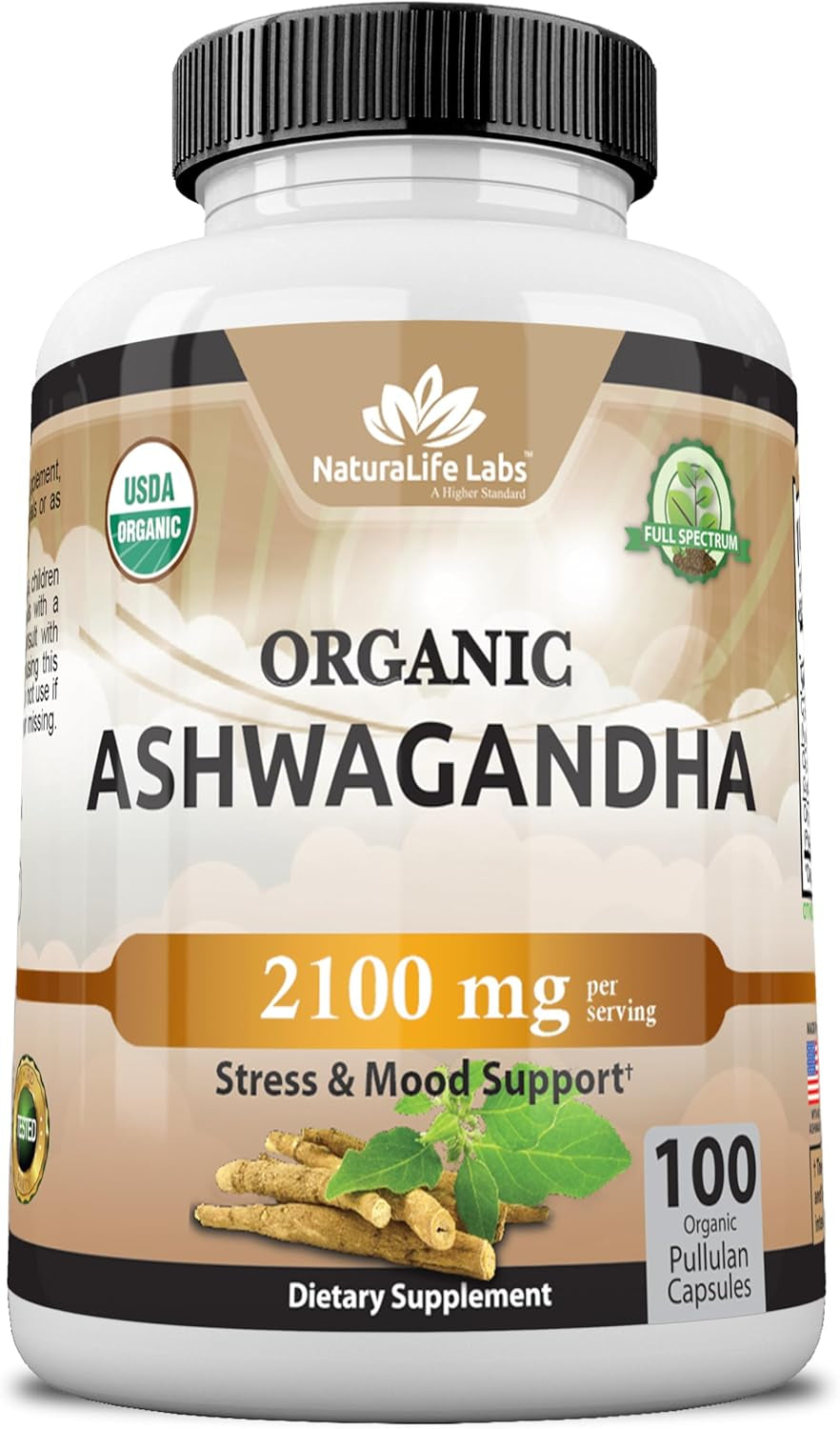 Organic Ashwagandha 2,100 Mg - 100 Veggie Capsules Pure Organic Ashwagandha Powder and Root Extract - Stress Relief, Mood Enhancer