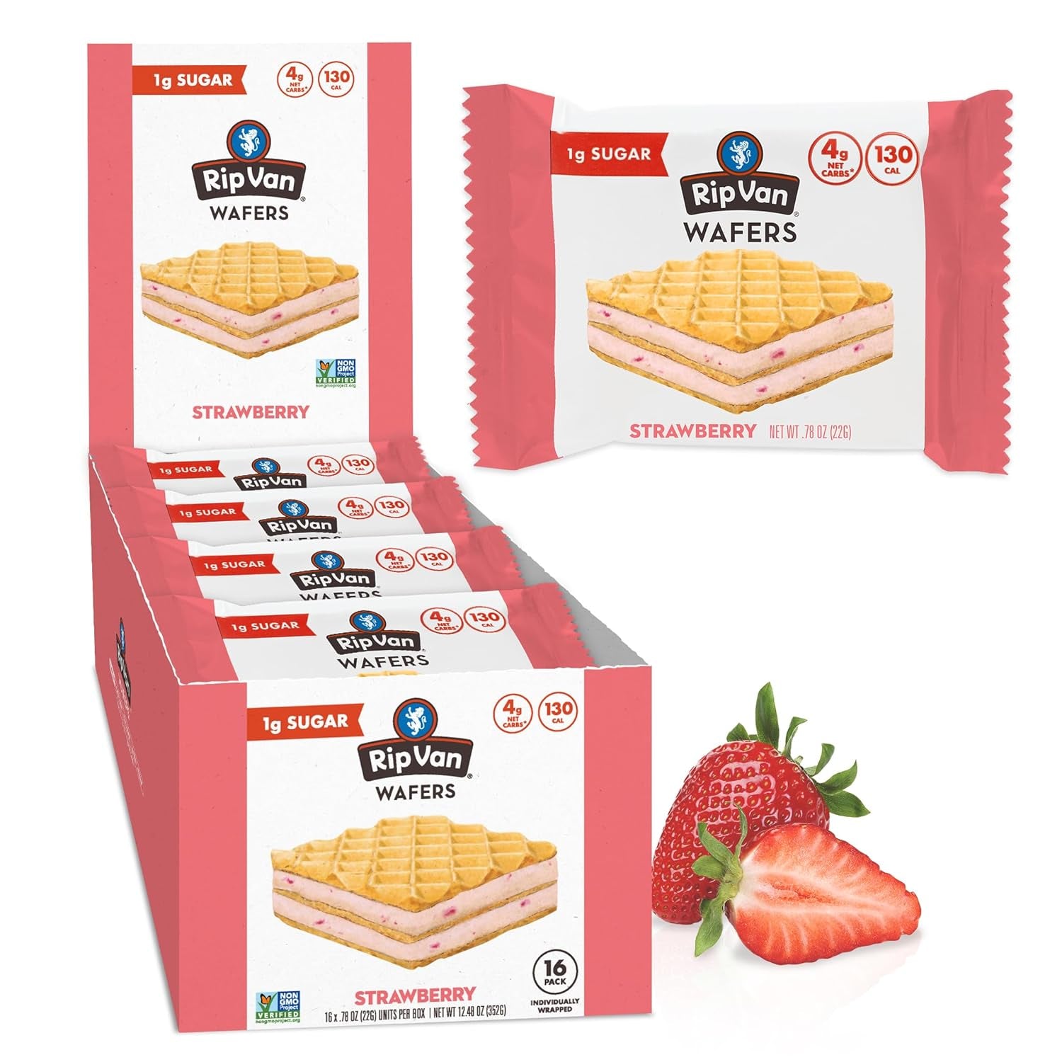 Strawberry Keto Wafer Cookies - Healthy Vegan Snacks - Non GMO, Low Sugar (1G), Low Calorie - 16 Count