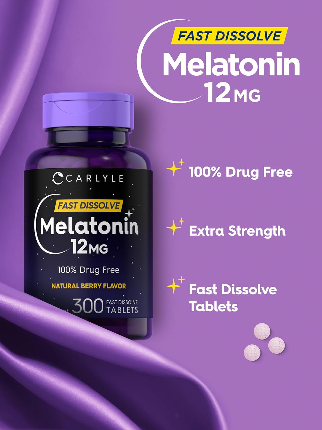 Melatonin 12 Mg Fast Dissolve 300 Tablets | Drug Free | Natural Berry Flavor | Vegetarian, Non-Gmo, Gluten Free