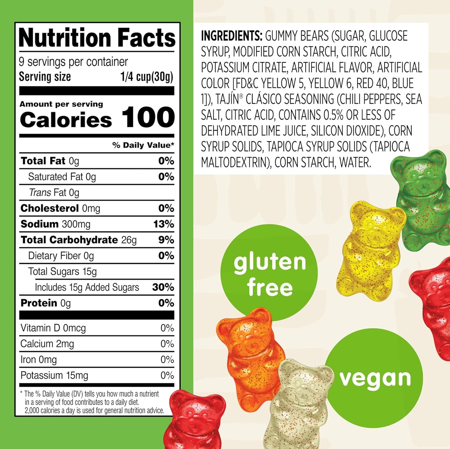 Tajin Gummy Bears, Assorted Fruit Candy Gummies with Chili and Lime Seasoning, Mild, Gluten-Free and Vegan Snacks, 9 Oz Resealable Bag