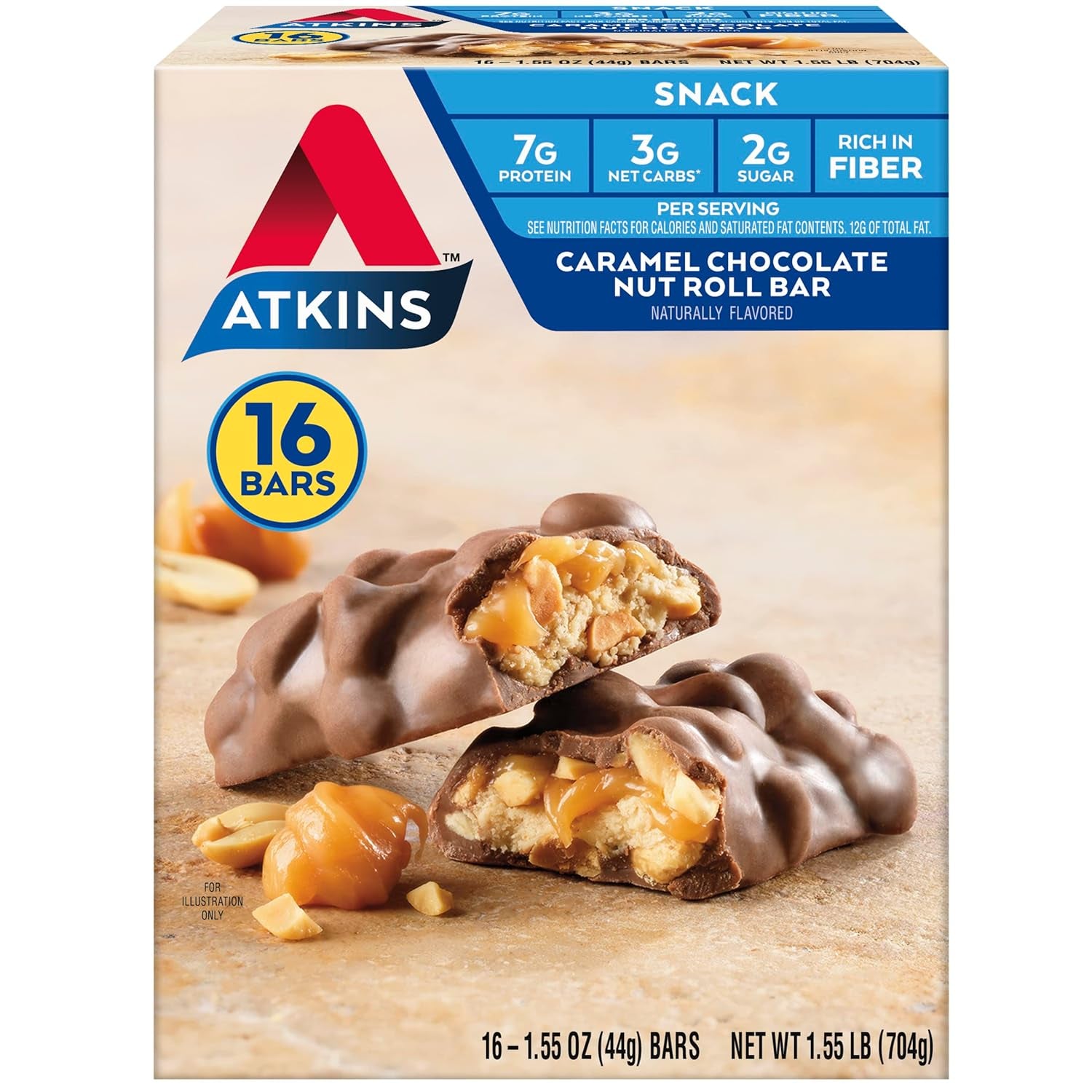 Caramel Chocolate Nut Roll Snack Bar, Protein Snack, High in Fiber, 2G Sugar, 16 Count