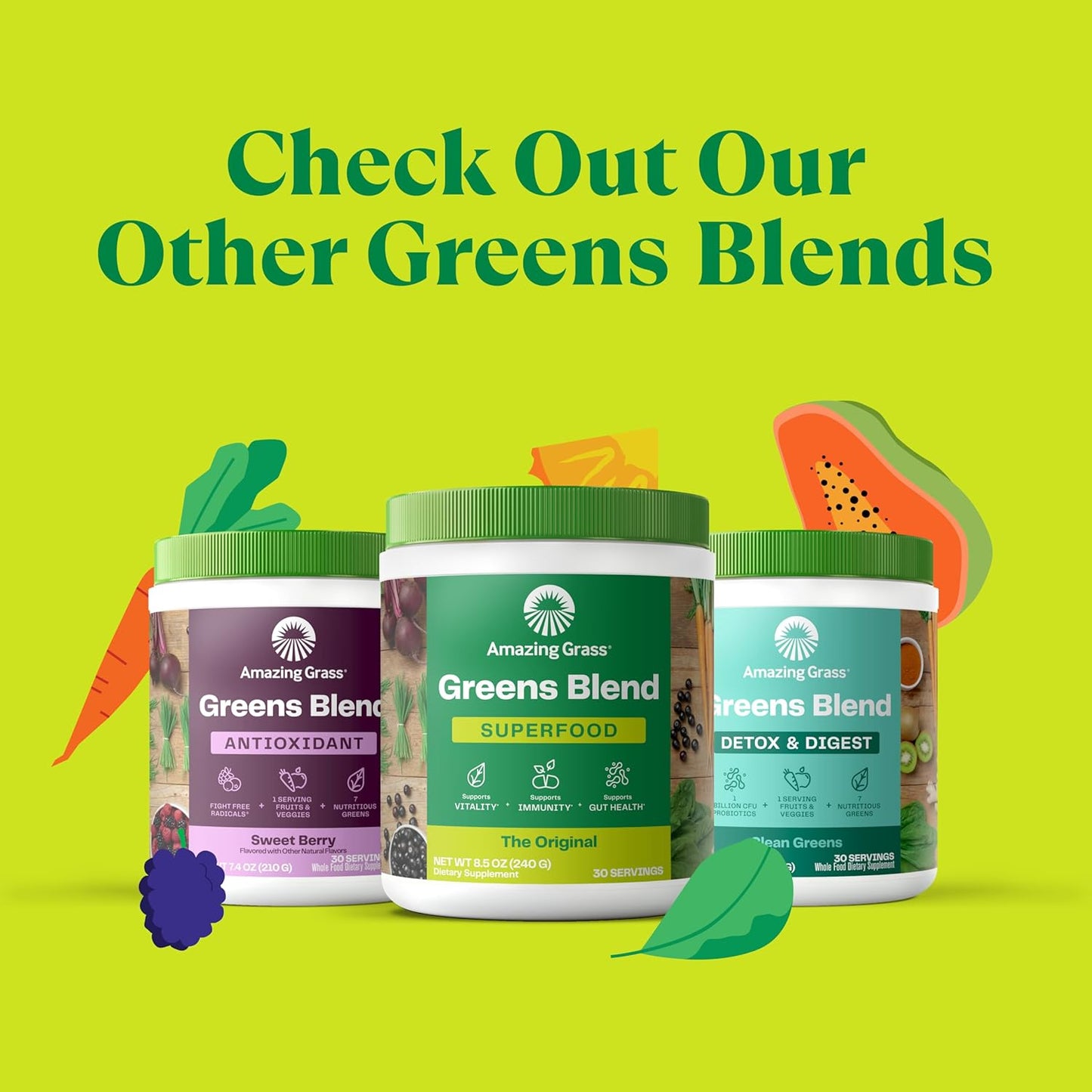 Greens Blend Superfood: Greens Powder Mix for Energy, with Organic Spirulina, Chlorella, Beet Root Powder, Digestive Enzymes & Probiotics, Original, 30 Servings (Packaging May Vary)