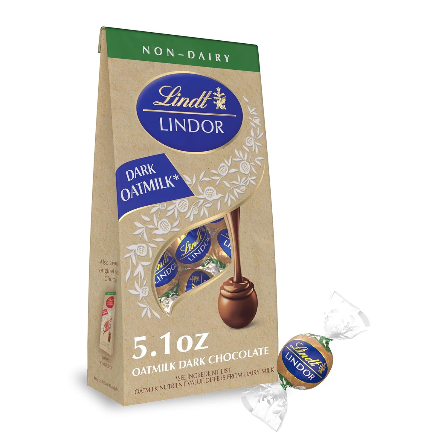 LINDOR Oatmilk Dark Chocolate Candy Truffles, Non-Dairy Chocolate Truffles with Smooth, Melting Truffle Center, 5.1 Oz.