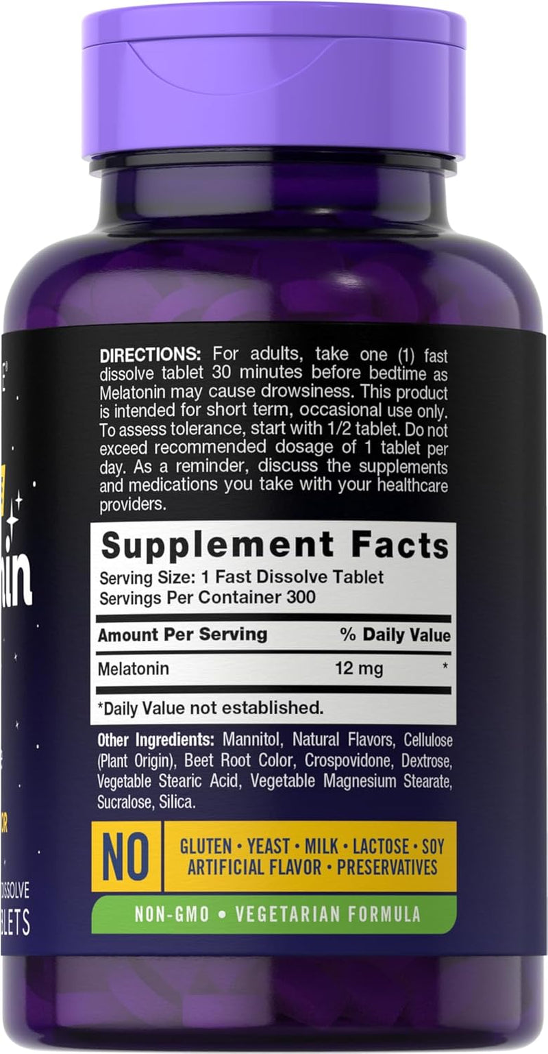 Melatonin 12 Mg Fast Dissolve 300 Tablets | Drug Free | Natural Berry Flavor | Vegetarian, Non-Gmo, Gluten Free