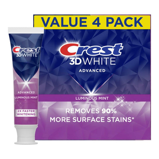 3D White Advanced Luminous Mint Teeth Whitening Toothpaste,  Toothpaste, 3.7 Oz Pack of 4 - Helps Remove Surface Stains, Whitens Teeth, Strengthens Tooth Enamel, Protects against Cavities