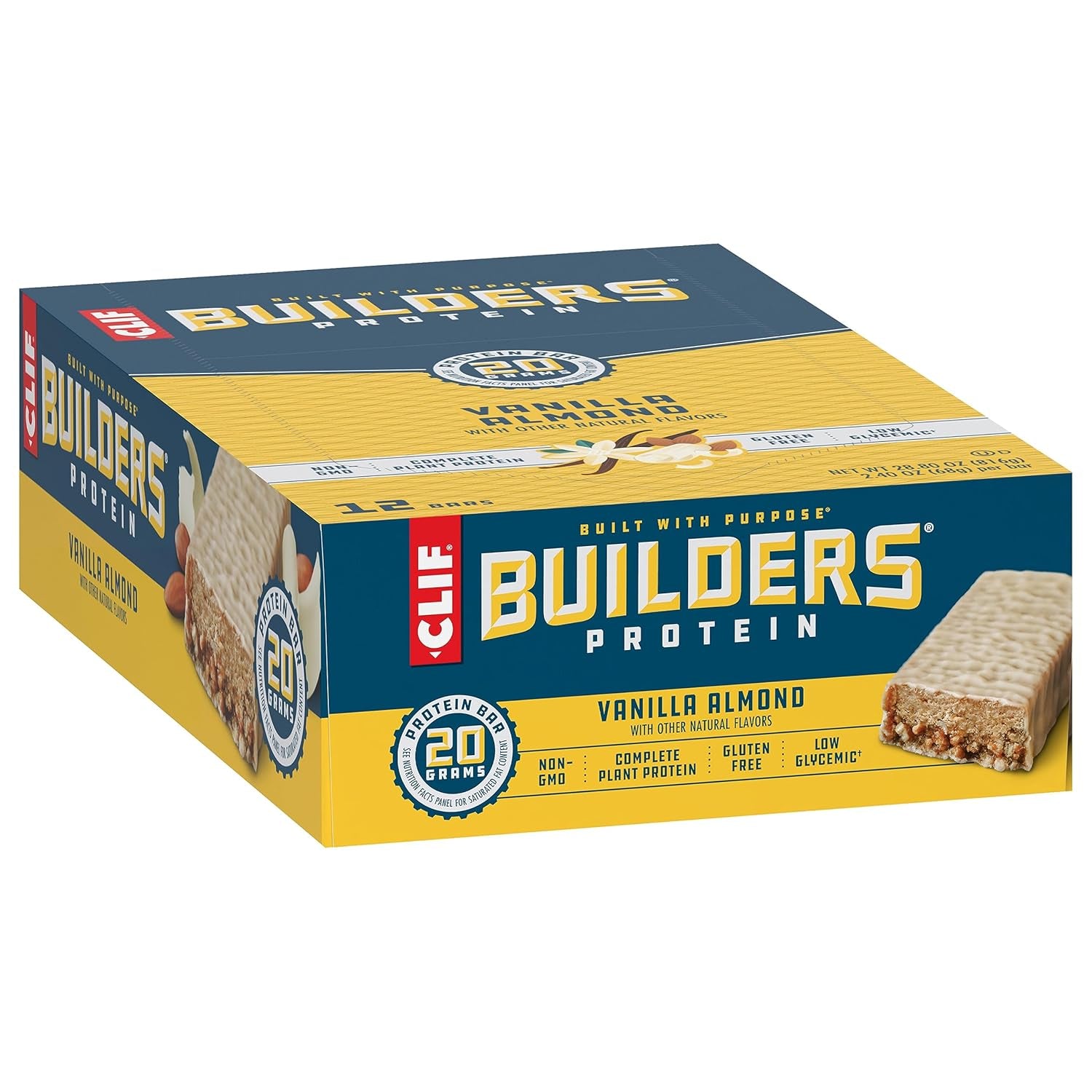 CLIF Builders - Vanilla Almond Flavor - Plant Based Protein Bars - Gluten Free - Non-Gmo - Low Glycemic - 20G Protein - 2.4 Oz. (12 Count)