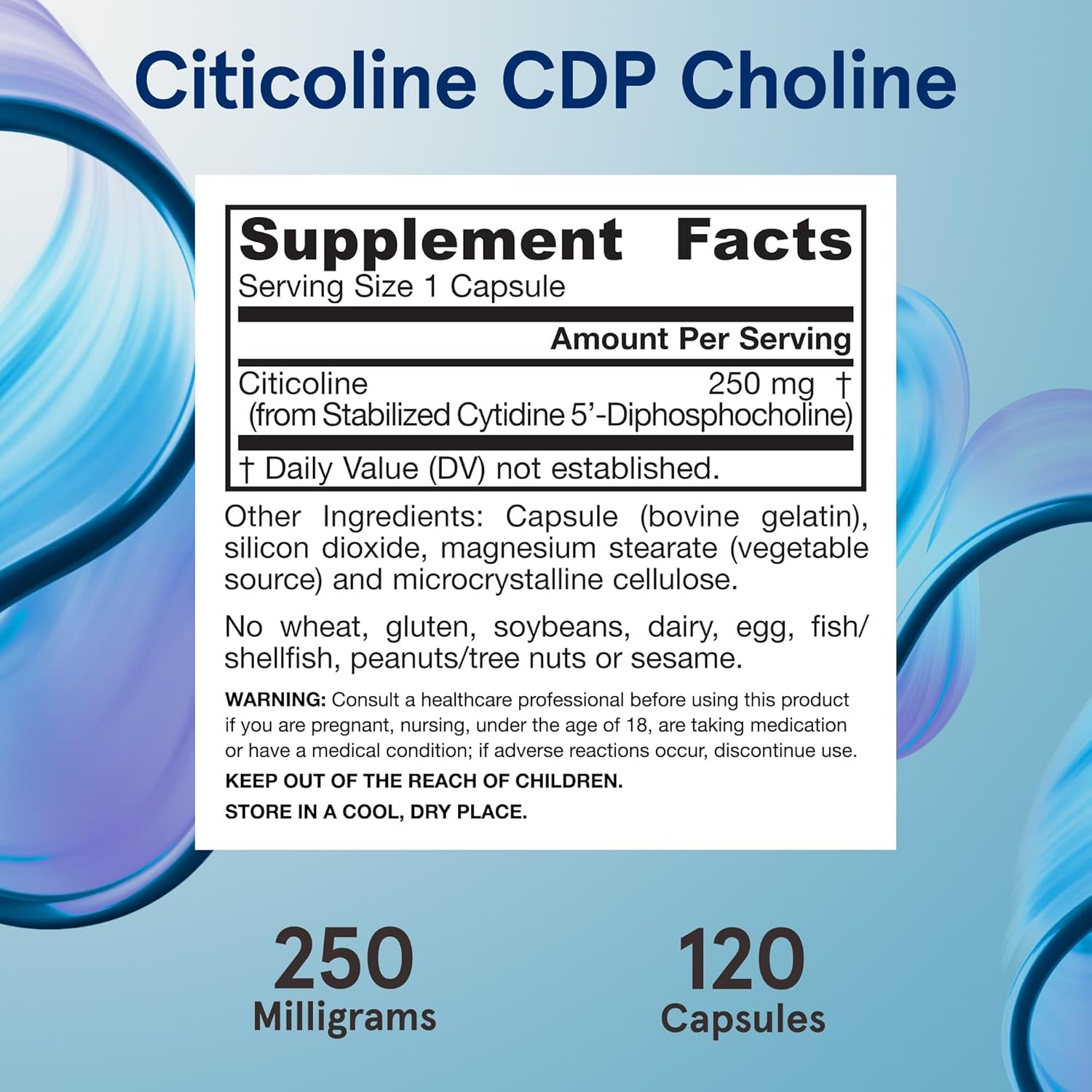 Citicoline CDP Choline 250 MG, CDP Choline Supplement Supports Brain Health, Performance and Memory, 120 Capsules, up to a 120 Day Supply
