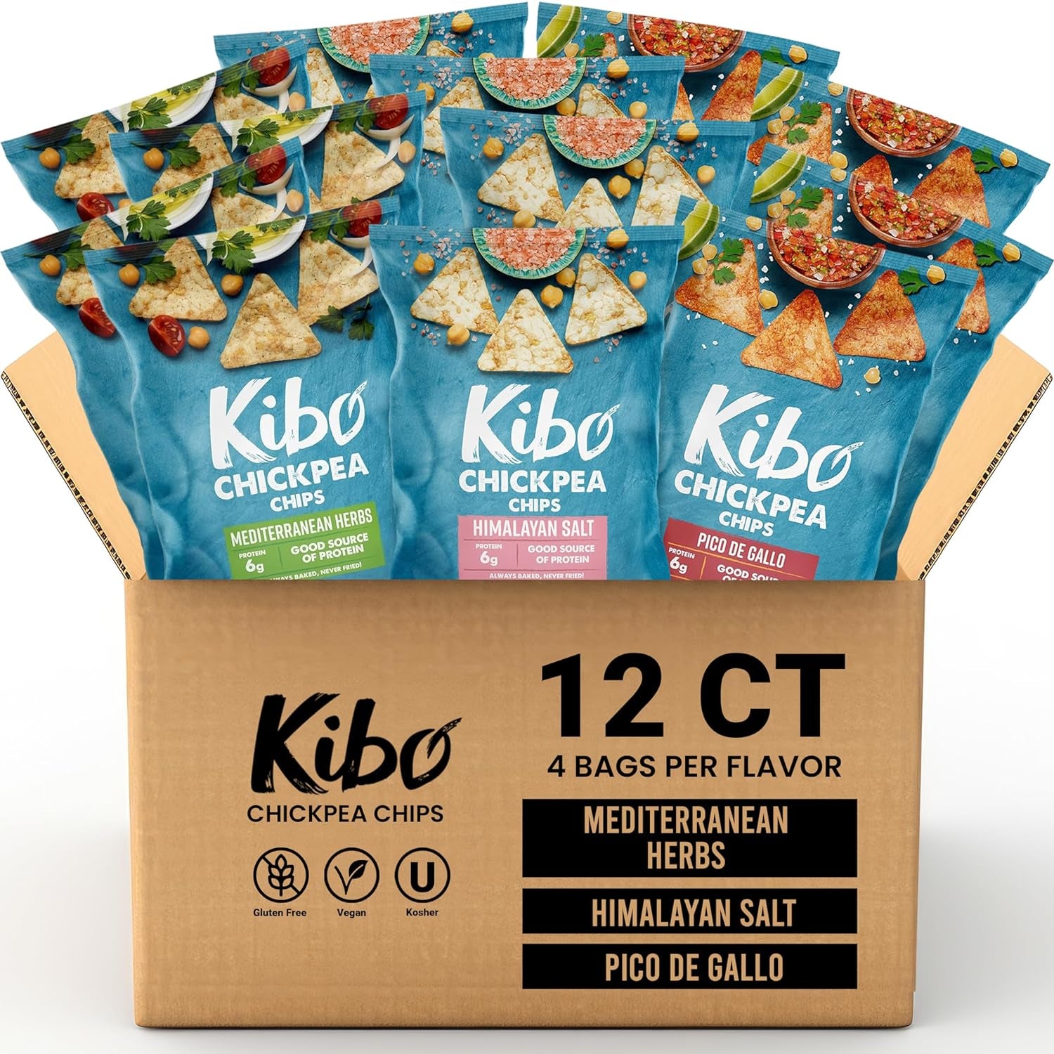 Kibo Chickpea Chips - High Protein/Fiber, Plant-Based, Cert. Gluten Free, Non-Gmo, Vegan, Kosher, 3 Flavor Variety Pack, 1Oz 12 Pk