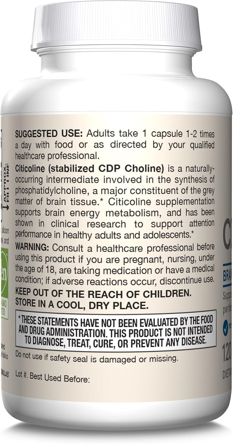 Citicoline CDP Choline 250 MG, CDP Choline Supplement Supports Brain Health, Performance and Memory, 120 Capsules, up to a 120 Day Supply