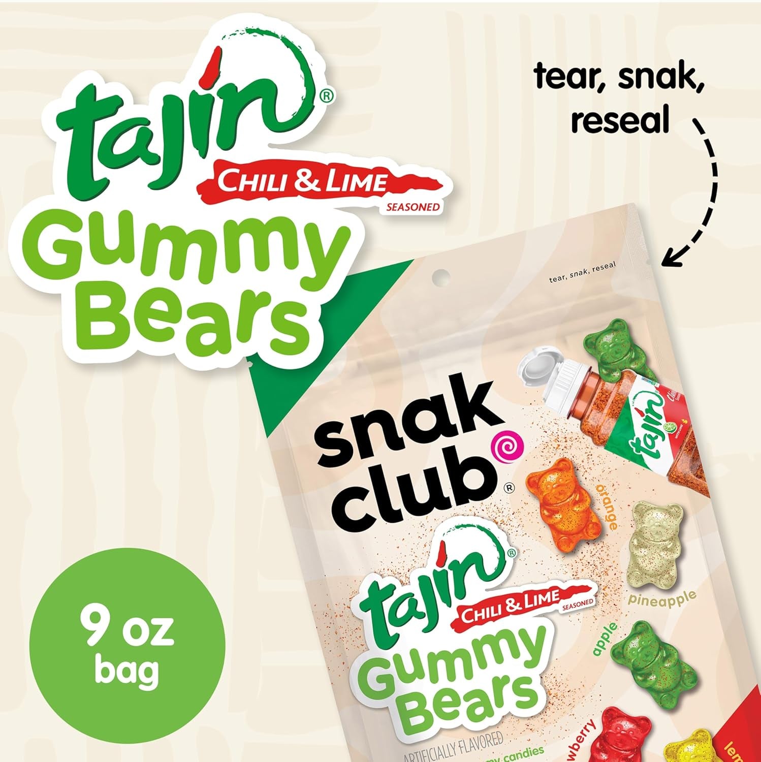 Tajin Gummy Bears, Assorted Fruit Candy Gummies with Chili and Lime Seasoning, Mild, Gluten-Free and Vegan Snacks, 9 Oz Resealable Bag