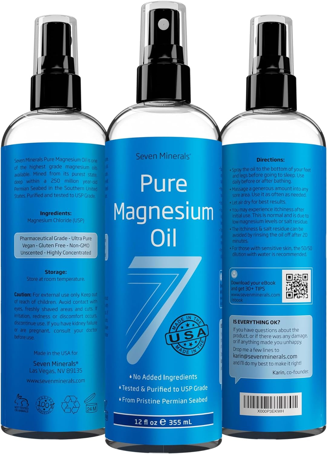 , Pure Magnesium Oil Spray - Big 12 Oz (Lasts 9 Months) - USP Grade Magnesium Spray for Feet and Body, No Unhealthy Trace Minerals - from Ancient Underground Permian Seabed in USA