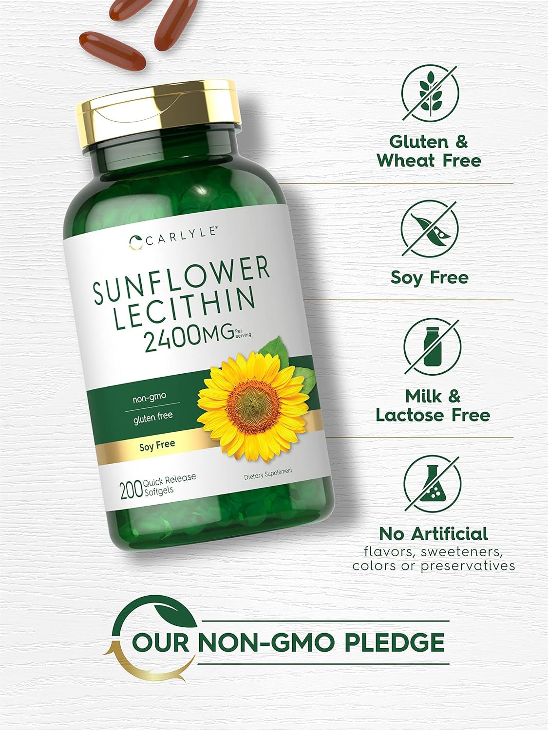 Sunflower Lecithin Softgel Capsules | 2400Mg | 200 Count | Rich in Phosphatidyl Choline | Non-Gmo, Soy Free, Gluten Free Supplement
