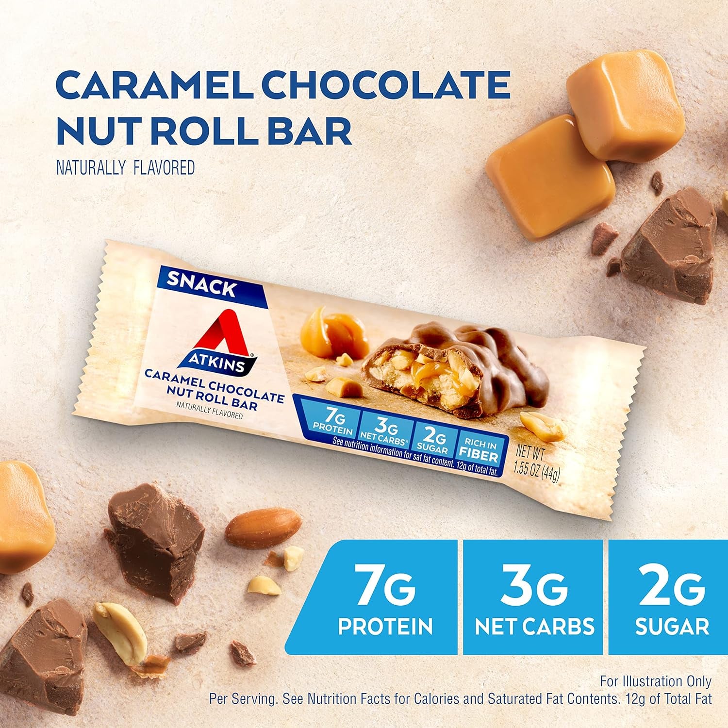 Caramel Chocolate Nut Roll Snack Bar, Protein Snack, High in Fiber, 2G Sugar, 16 Count