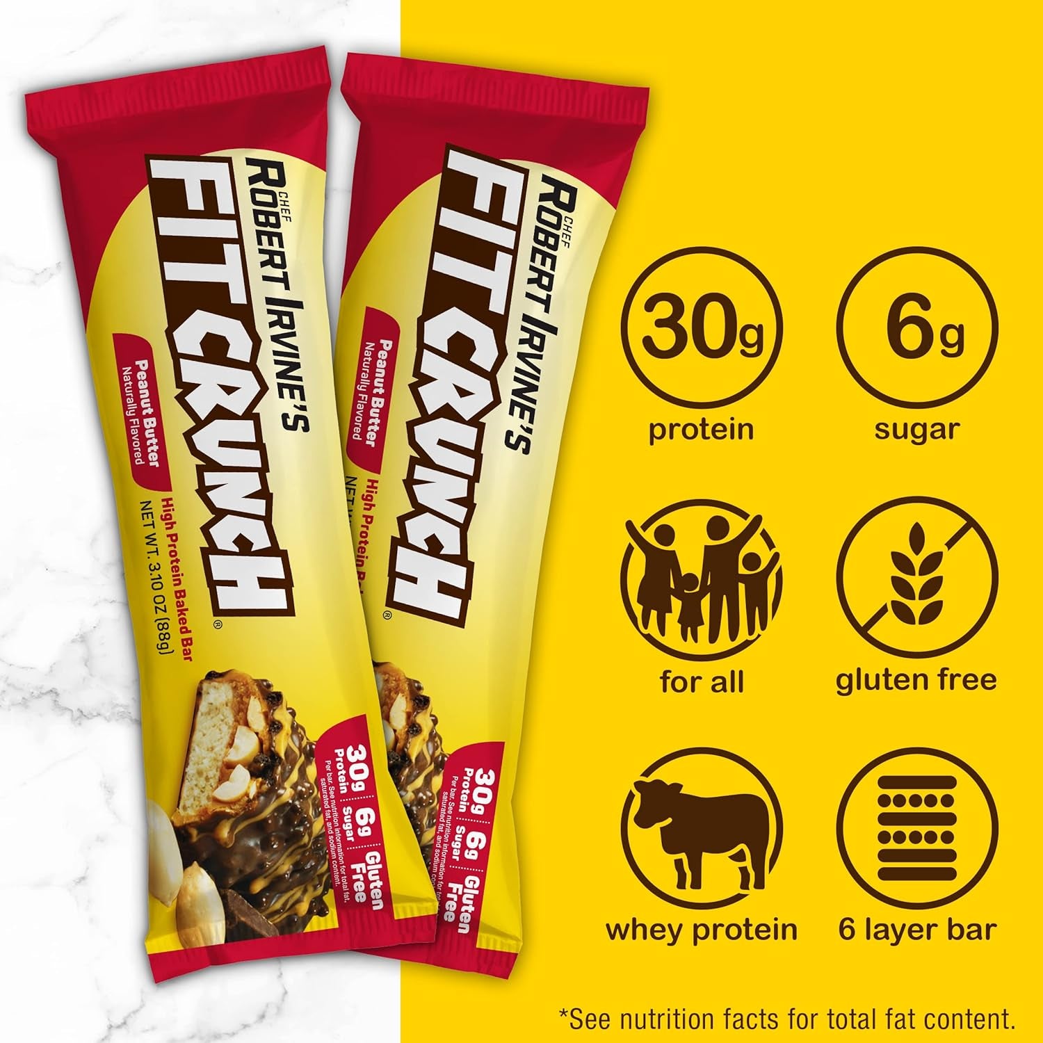 FITCRUNCH Full Size Protein Bars, Designed by Robert Irvine, 6-Layer Baked Bar, 6G of Sugar, Gluten Free & Soft Cake Core (Peanut Butter)