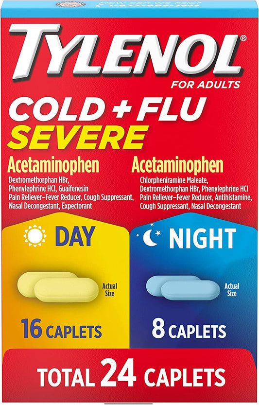 Cold + Flu Severe Day & Night Caplets for Fever, Pain, Cough & Congestion Relief, 24 Count