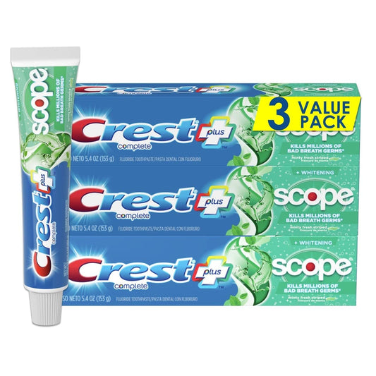 + Scope Whitening Toothpaste - Pack of 3, 5.4 Oz Tubes - Anticavity Fluoride Toothpaste, Fresh Breath, Kills Germs - Tartar Protection, Enamel Protection - Minty Fresh Flavor