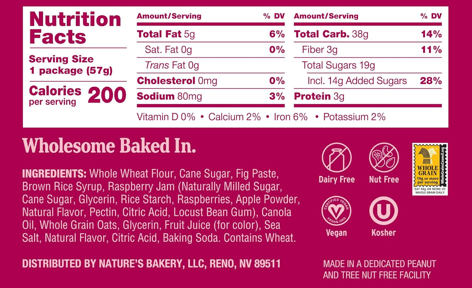 Nature’S Bakery Whole Wheat Fig Bars, Raspberry, Real Fruit, Vegan, Non-Gmo, Snack Bar, 1 Box with 12 Twin Packs (12 Twin Packs)