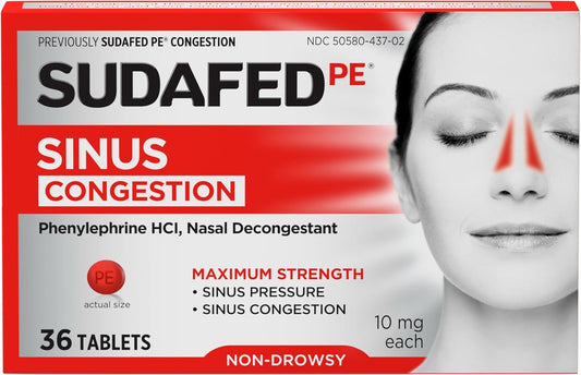 PE Sinus Congestion Maximum Strength Non-Drowsy Decongestant Tablets, 36 Ct