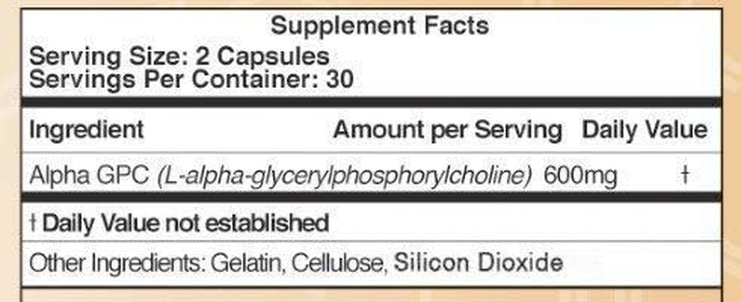 Alpha GPC Choline Capsules - 60 Count, 600Mg Servings – Brain Support Aid That Supports Focus, Memory, Motivation, and Energy - (Made in the USA) Brain Support Supplement by