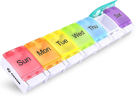 Weekly Pill Organizer Arthritis Friendly, BPA Free Travel 7 Day Pill Box Case with Spring Open Design and Large Compartment to Hold Vitamins, Cod Liver Oil, Supplements and Medication