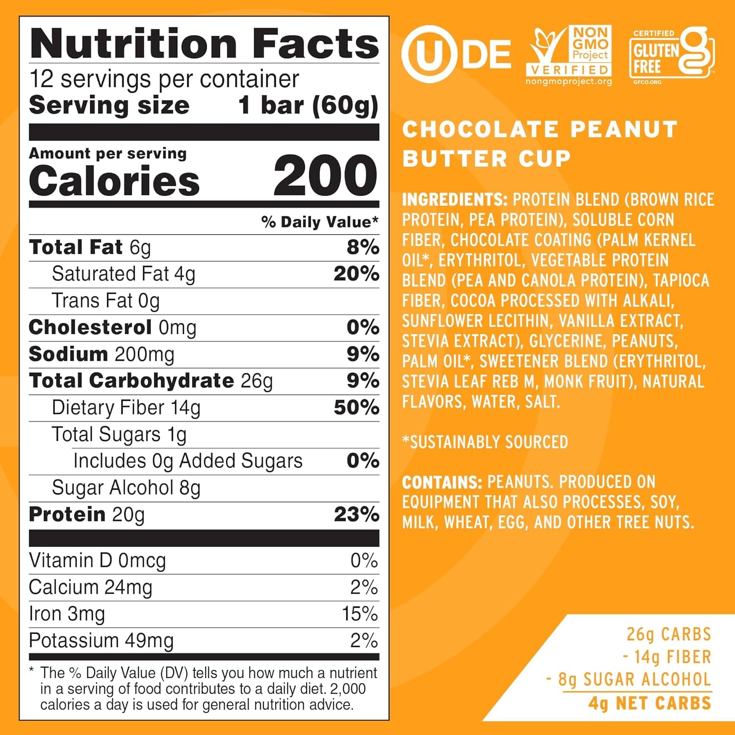 High Protein Bars, Chocolate Peanut Butter Cup - Healthy Snacks, 20G Vegan Protein, High Fiber, Low Sugar, Keto Friendly, Dairy & Gluten Free (12 Count)