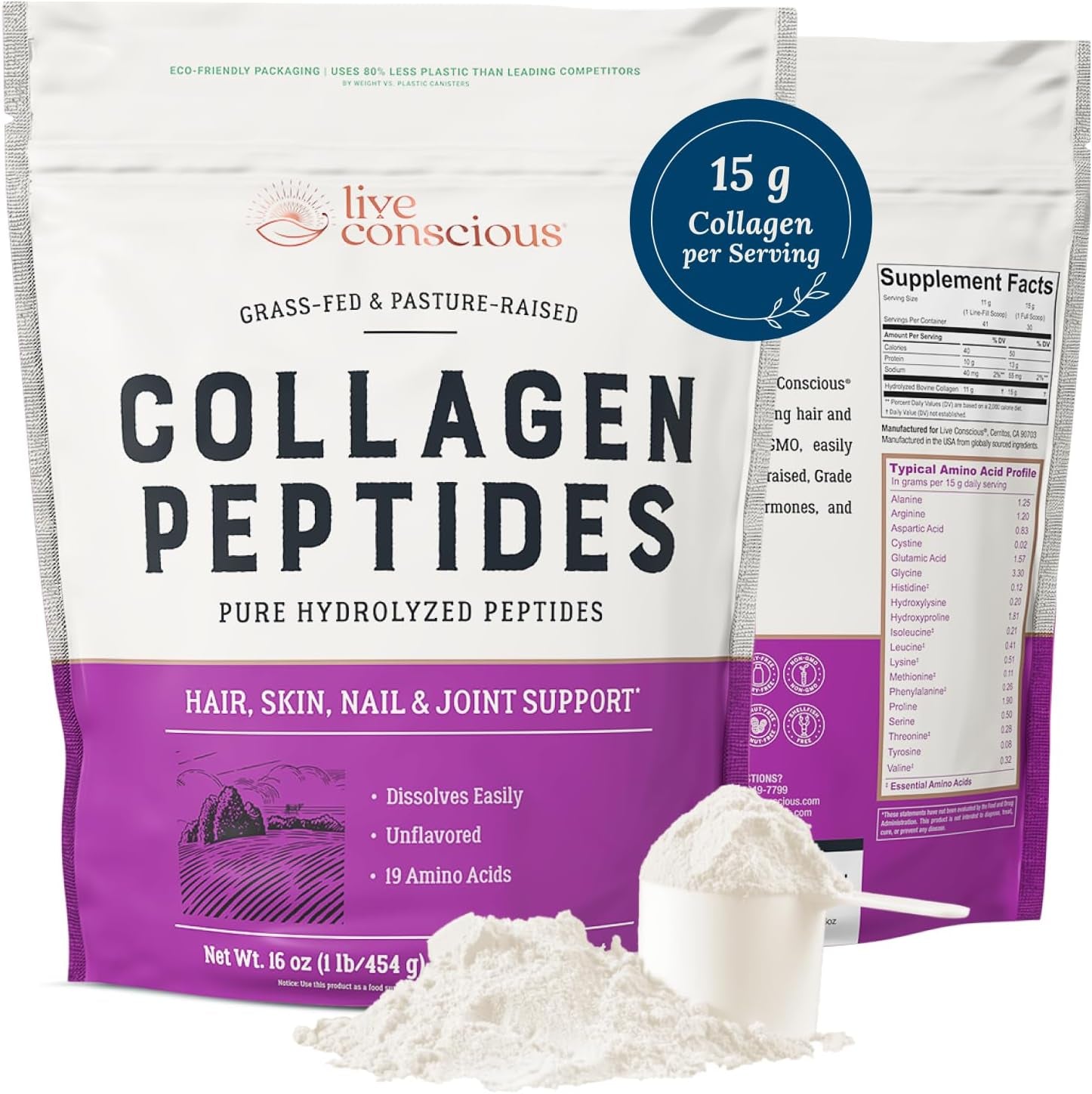 Collagen Peptides Powder - Naturally-Sourced Hydrolyzed Collagen Powder - Hair, Skin, Nail, and Joint Support - Type I & III Grass-Fed Collagen Supplements for Women and Men - 16Oz