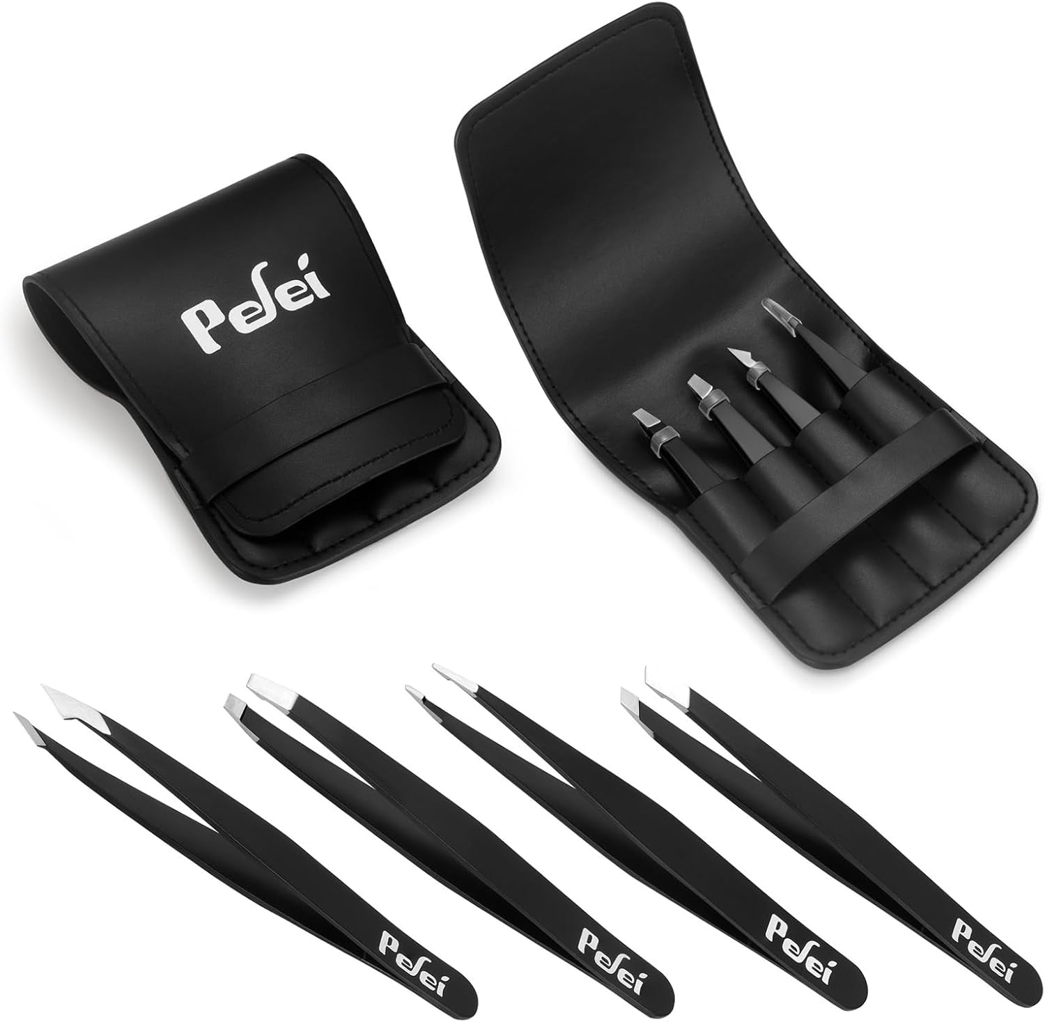 Tweezers Set - Professional Stainless Steel Tweezers for Eyebrows - Great Precision for Facial Hair, Splinter and Ingrown Hair Removal (Black)