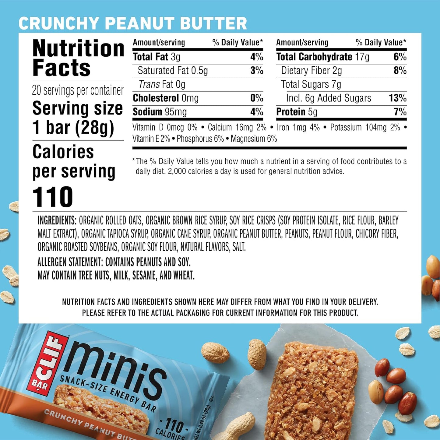 Minis - Crunchy Peanut Butter - Made with Organic Oats - 5G Protein - Non-Gmo - Plant Based - Snack-Size Energy Bars - 0.99 Oz. (20 Pack)