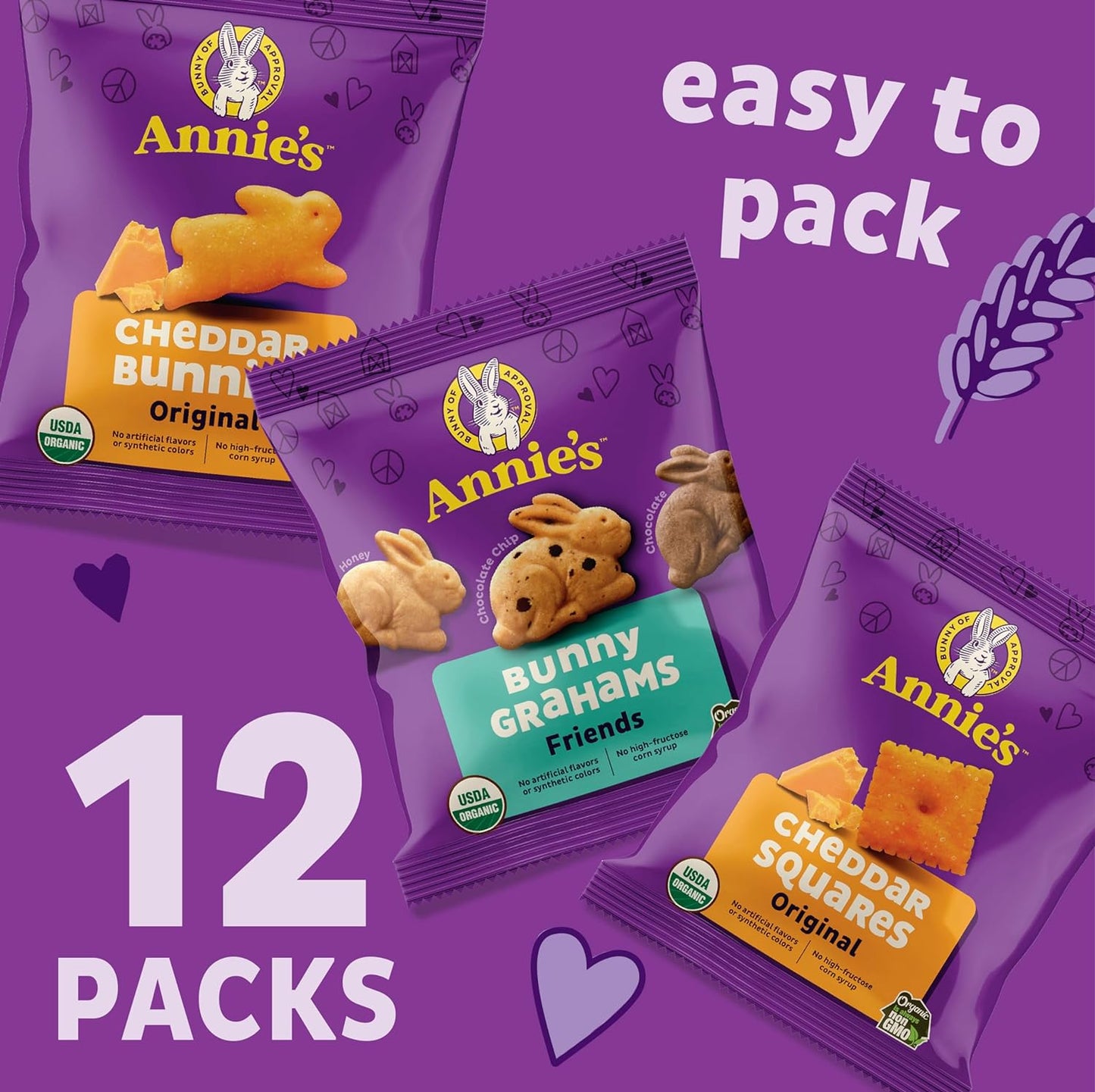 Annie'S Organic Variety Pack, Cheddar Bunnies, Bunny Grahams and Cheddar Squares, 12 Pouches, 11 Oz