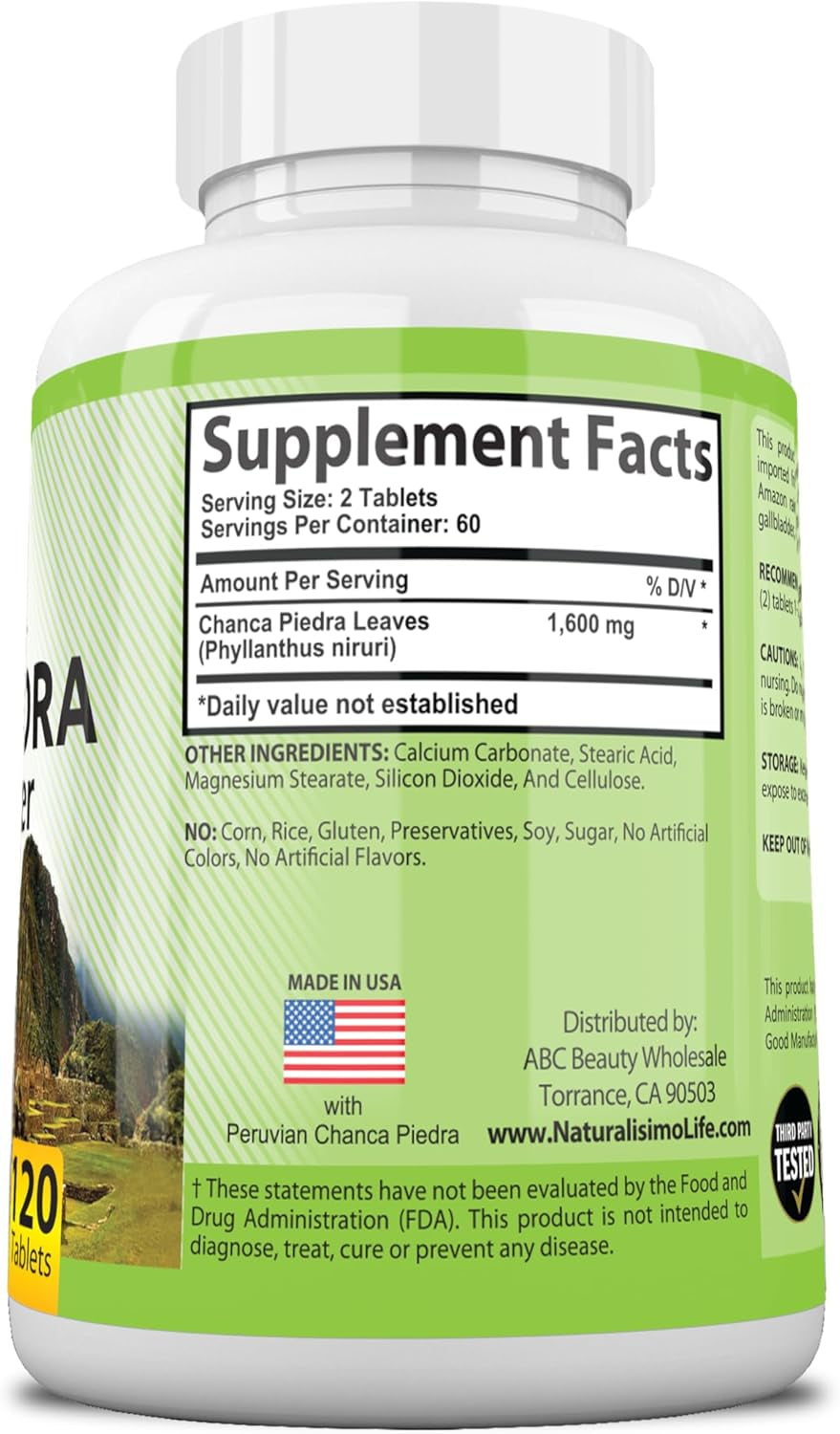 Chanca Piedra 1600 Mg - 120 Tablets Kidney Stone Crusher Gallbladder Support Peruvian Chanca Piedra Made in the USA