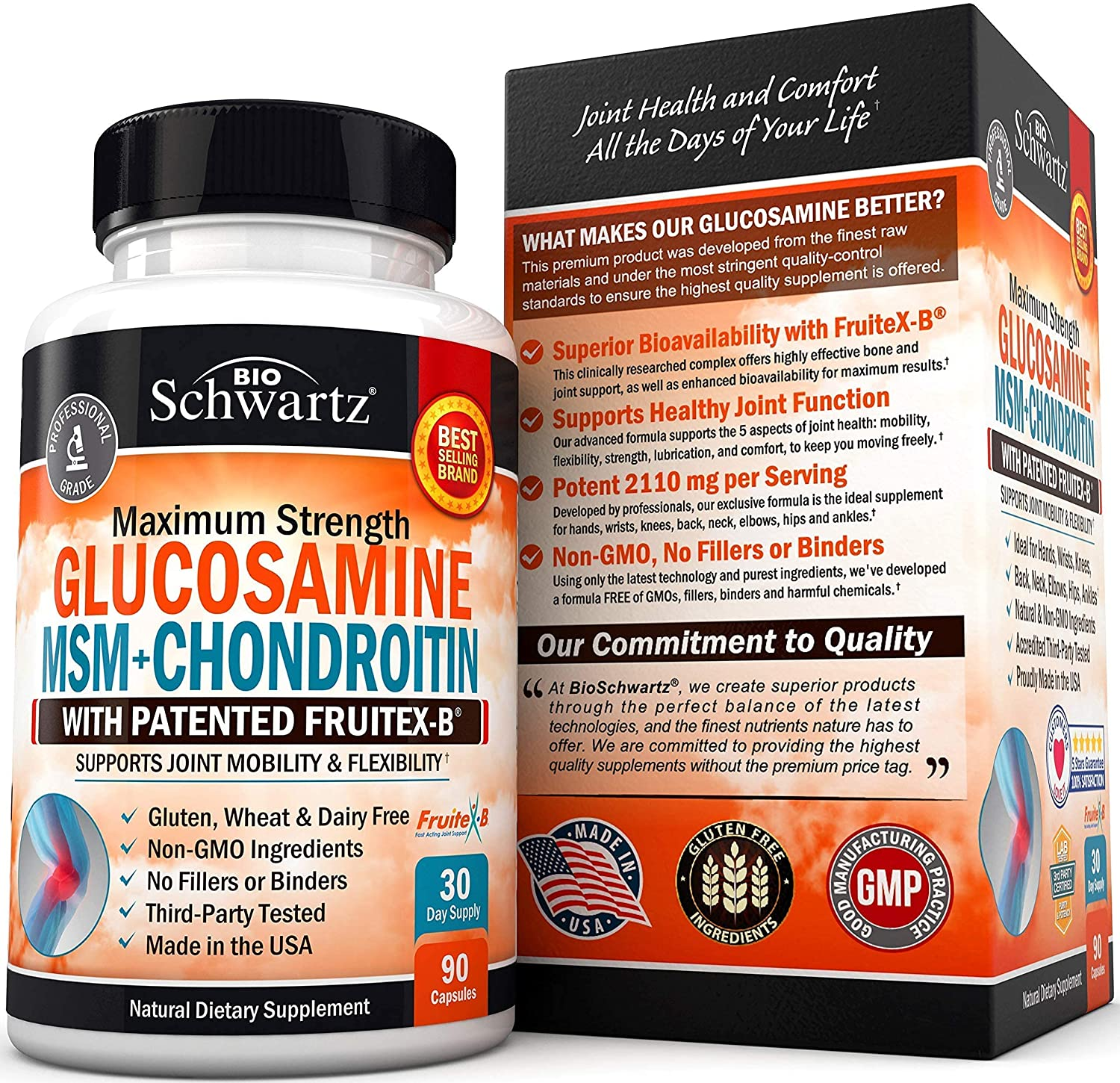 Glucosamine Chondroitin MSM Triple Strength Joint Supplement with Collagen Turmeric Curcumin - Supports Healthy Inflammatory Activity & Joint Hip Back Knees Hands Health for Seniors & Adults - 90Ct