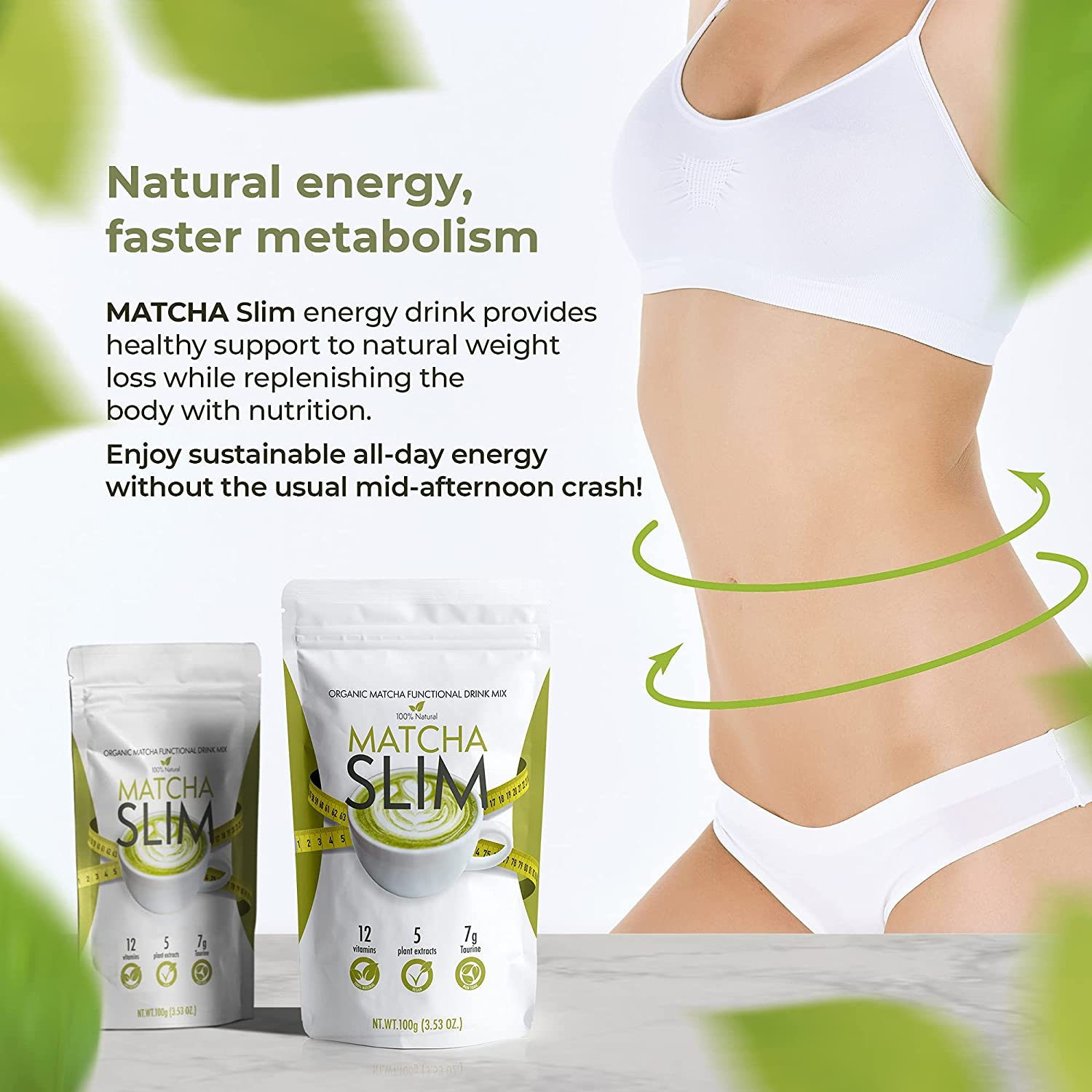 Matcha Slim - Energy Drink Mix Powder Supplement with Taurine & Spirulina 3.53Oz – Natural, Sugar Free, Vitamin Rich Green Tea Diet for Women, Men