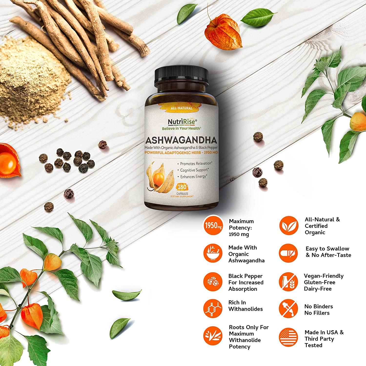 Organic Ashwagandha Capsules - High Potency 1950 Mg - Natural Relaxation and Stress Support, Promotes Restful Sleep, Healthy Immunity, Metabolism, Focus and Energy Supplement with Black Pepper