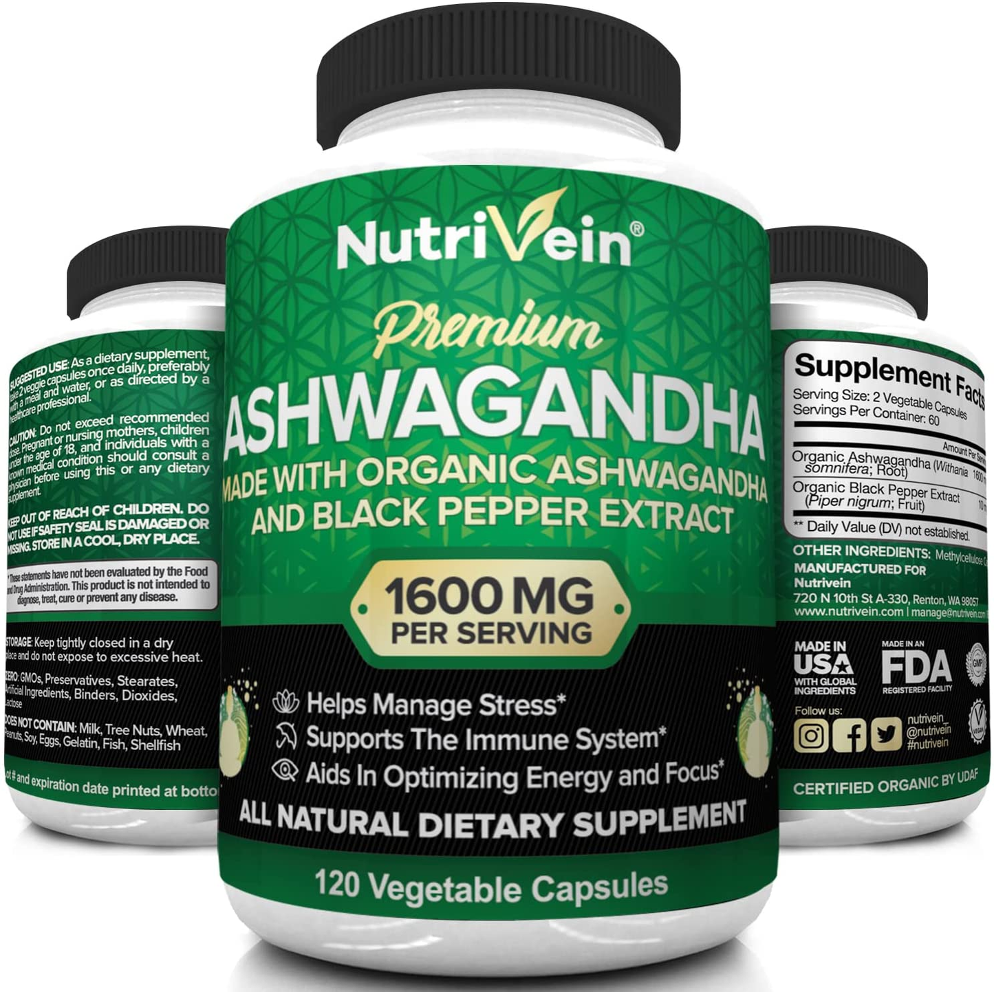 Organic Ashwagandha Capsules 1600Mg with Black Pepper Extract - 120 Vegan Pills - 100% Pure Root Powder Supplement - Stress Relief, Anxiety, Immune, Thyroid & Adrenal Support - Mood Enhancer