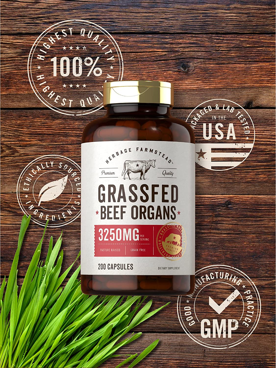 Grassfed Beef Organs Capsules 3250Mg | 200 Count | Desiccated Liver, Kidney, Pancreas, Heart, Spleen Supplement | Non-Gmo, Gluten Free | by Herbage Farmstead