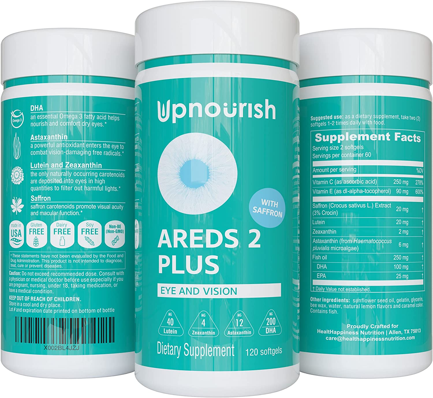 AREDS 2 Eye Vitamins for Macular Degeneration, Dry Eye - Lutein 40Mg, Zeaxanthin, Saffron, Astaxanthin 12Mg & DHA 200Mg - Eye Supplements for Eye Strain, Eye Pressure & Night Vision, 120 Softgels