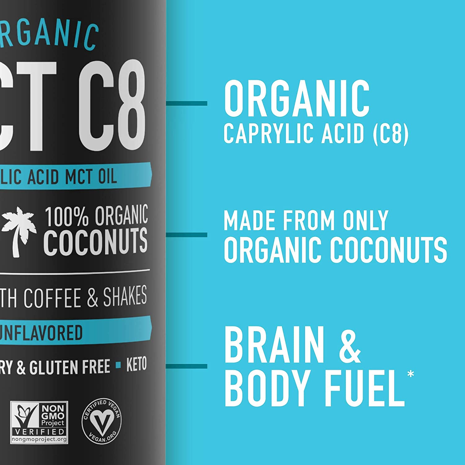 Keto MCT Oil from Organic Coconuts - Fatty Acid Fuel for Body + Brain - Single Ingredient C8 Caprylic Acid - Perfect in Coffee, Tea, & More - Non-Gmo & Vegan - Unflavored (16 Oz)