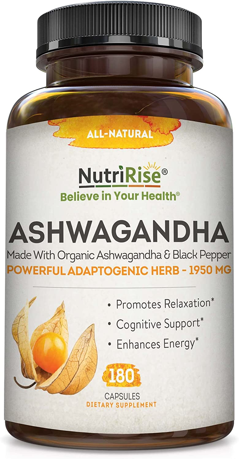 Organic Ashwagandha Capsules - High Potency 1950 Mg - Natural Relaxation and Stress Support, Promotes Restful Sleep, Healthy Immunity, Metabolism, Focus and Energy Supplement with Black Pepper