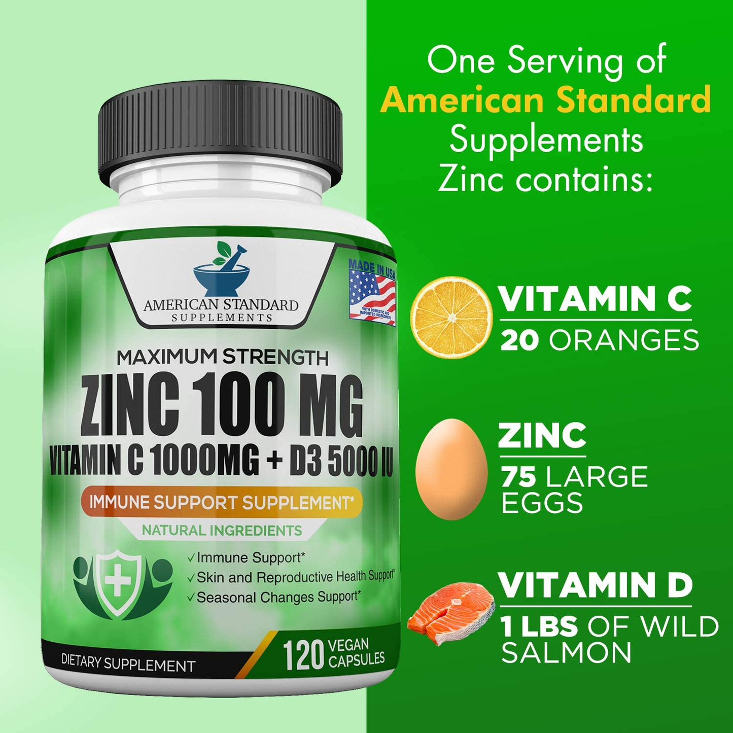 Zinc 100Mg, Vitamin C 1000Mg, Vitamin D 5000IU per Serving, Immune Support for Adults Kids, Immune System Booster Supplements, Non GMO, No Filler, No Stearate, 120 Vegan Capsules, 60 Day Supply