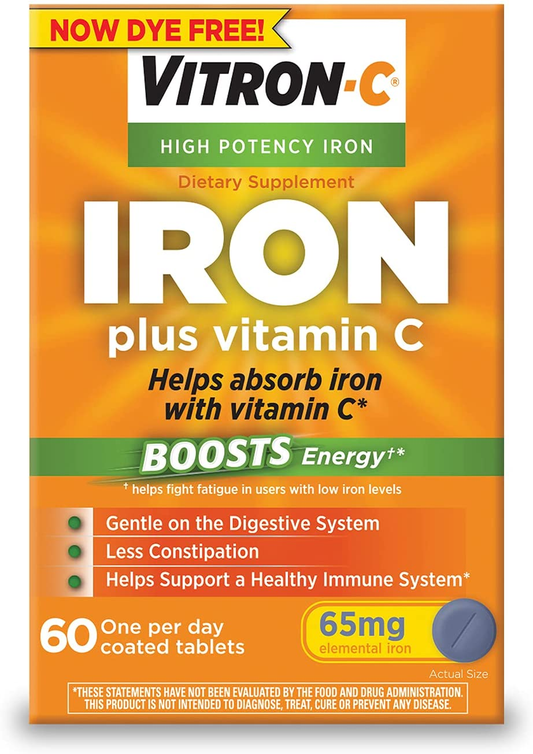 High Potency Iron Supplement with 125 Mg Vitamin C, Dye Free, Vegan, Gluten Free, 60 Count