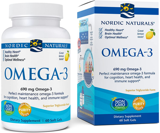 Omega-3, Lemon Flavor - 690 Mg Omega-3-60 Soft Gels - Fish Oil - EPA & DHA - Immune Support, Brain & Heart Health, Optimal Wellness - Non-Gmo - 30 Servings