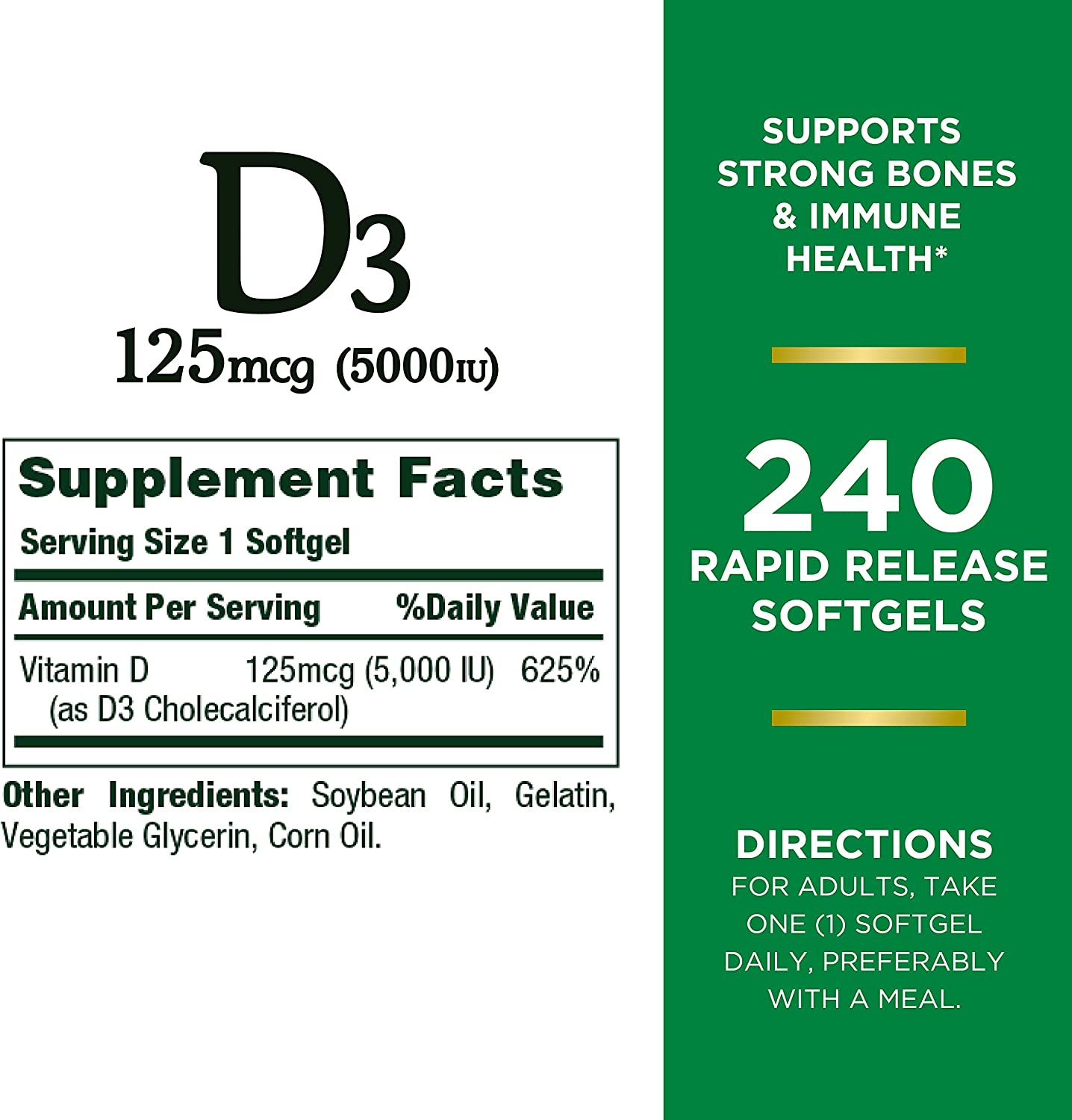 Nature’S Bounty Vitamin D3, Immune Support, 125 Mcg (5000Iu), Rapid Release Softgels, 240 Ct